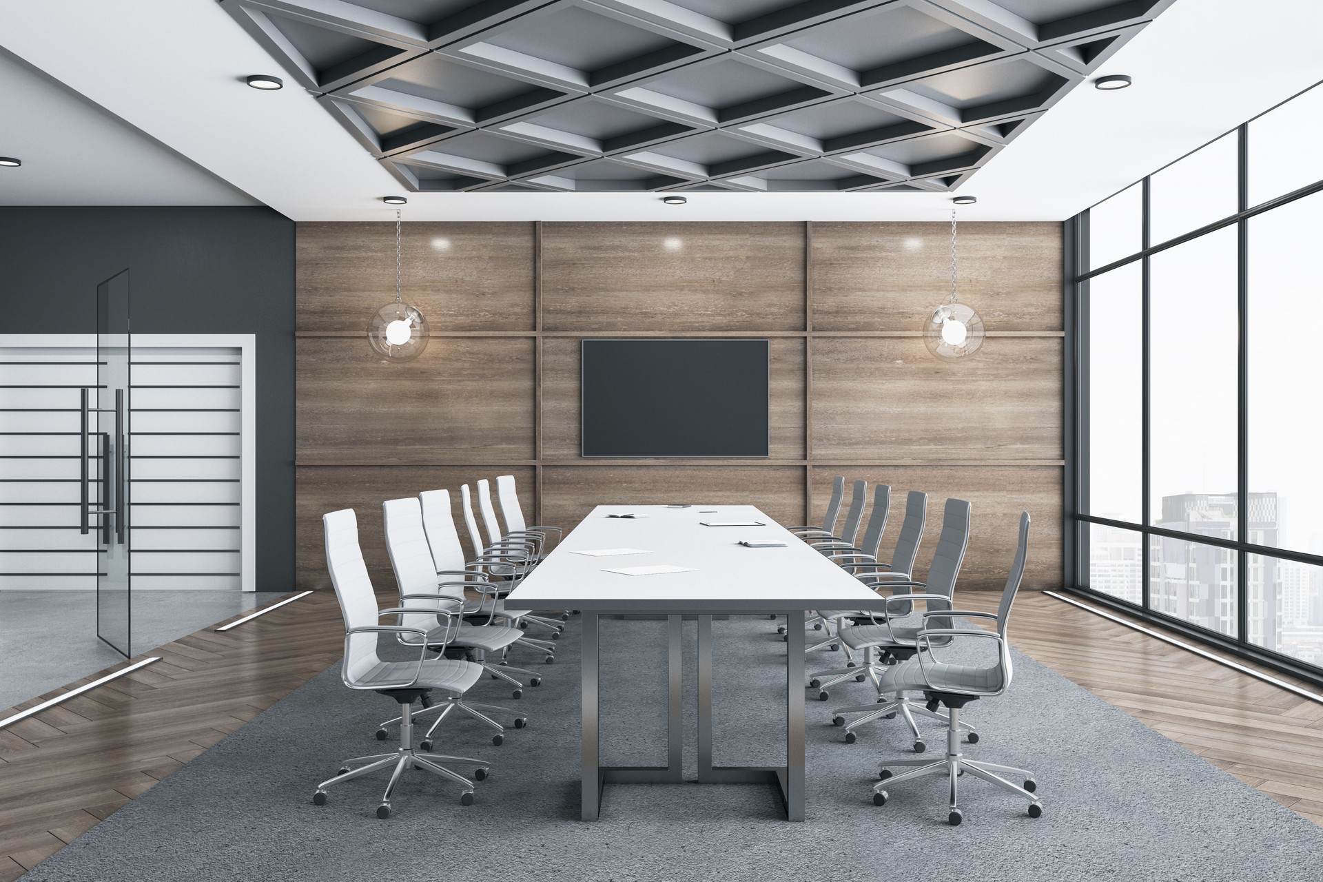 Meeting room interior with empty tv screen